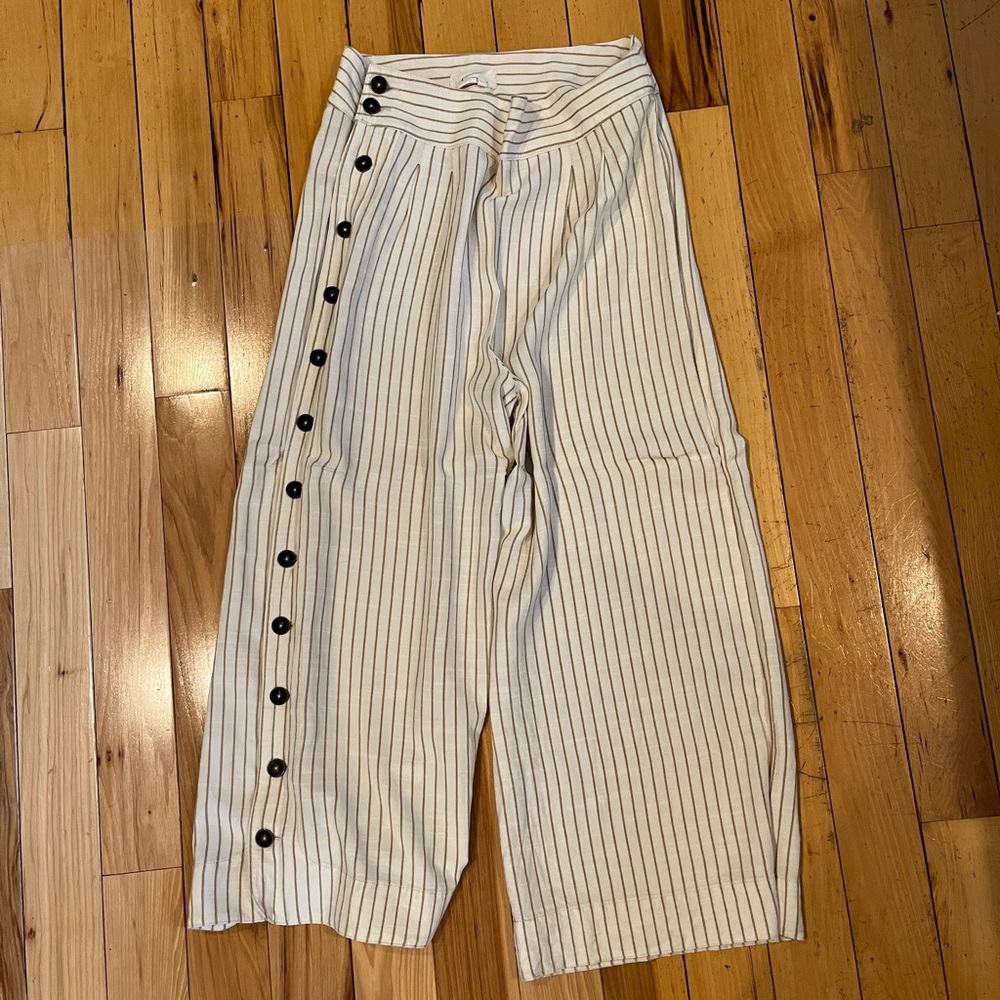 Anthropology Striped Linen Pants with Button Detail Down Side